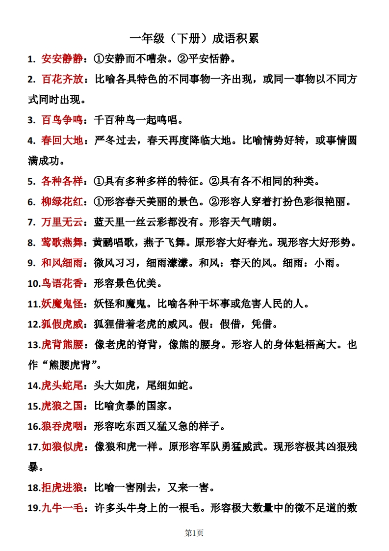 部编版小学一年级下册语文成语积累复习资料   大小 537.01K  总页数 2 页PDF电子版下载