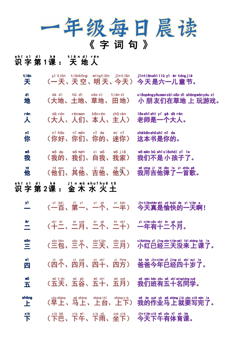 【打印版】一年级上册课后生字组词 每日晨读PDF复习资料 在线下载
